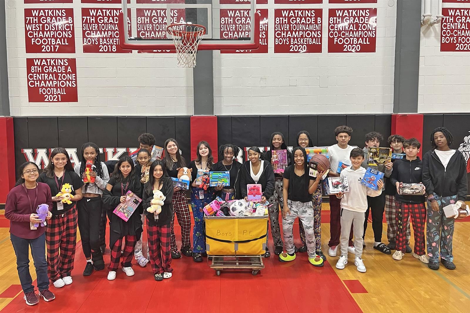 Watkins Middle School participates in CALI BEAR toy drive.